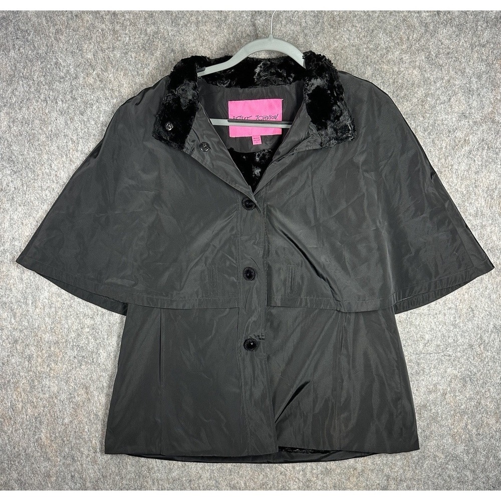 Betsey Johnson Black Faux-Fur Lined Cape Coat Size L Elegant Winter Outerwear
